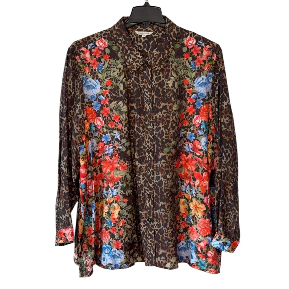 John Mark Womens 2X Brown Animal Print Multi Print Button Front Blouse Top NWT